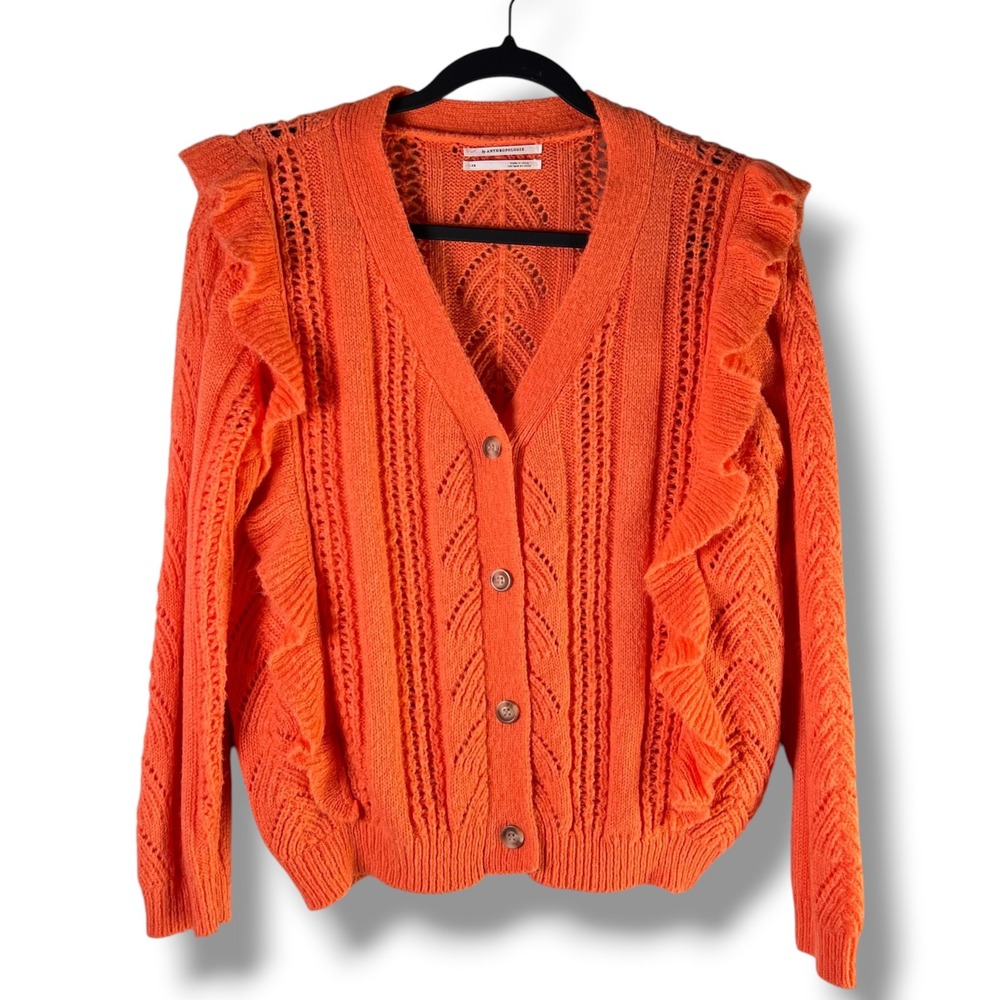 Anthropologie Womens Sz XS Cardigan Orange Ruffle Pointelle Knit Boho Romantic
